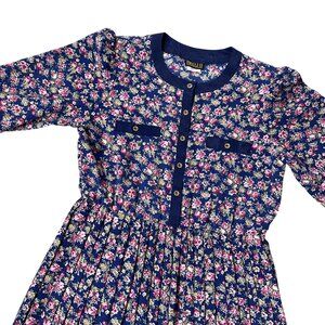 Vintage Floral Pleated Dress Navy Blue Pink Rose 80s Union Made USA Button Front